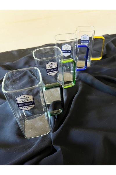 DİBA AVM DELISOGA Heat Resistant Square 4-Piece 410 ml Glass Cup with Handle Colorful Handle 4 Pieces Glass Mug