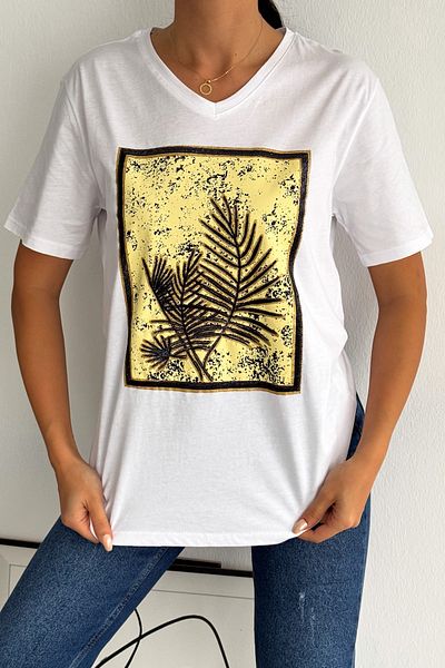 FEMELLE Women's White V-Neck Large Size Leaf Pattern Sequin Embroidered 100% Cotton Large Size T-Shirt