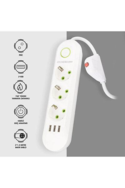 nelerbulurum YÜKSEK KALİTELİ AKIM KORUMALI 3'LÜ 1.5 METRE BAKIR KABLOLU 3  AK...