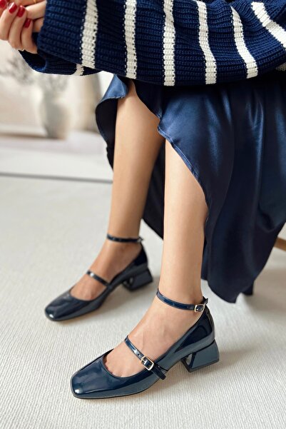 POLKA STORE Mary Jane Navy Blue Patent Leather Closed Back Square Toe Cap Short Block Heeled Women's Shoes