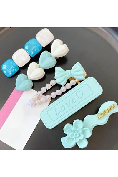 QUEEN AKSESUAR Model francez de lux importat, 5 bucăți, fundă de bomboane din metal, inimă de flori, cu bijuterii, set de catarame laterale, cu colț de perle, albastru