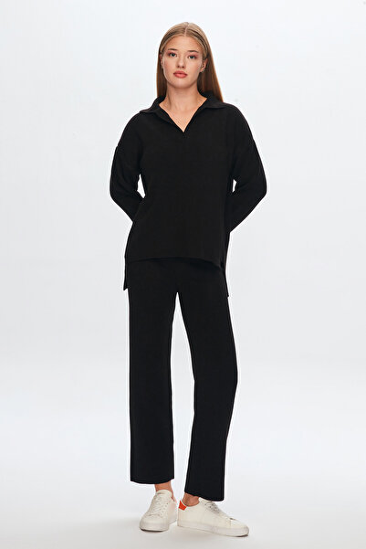 Polo Yaka Oversize Siyah Triko Kazak & Triko Pantolon Takım