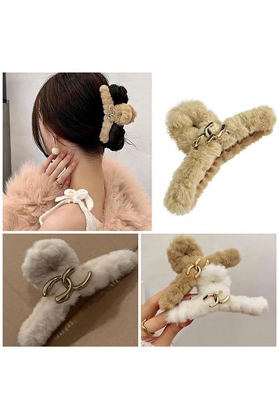 QUEEN AKSESUAR Brand fashion French model trend Imported luxury large size plush furry clothespin clip buckle light beige coffee