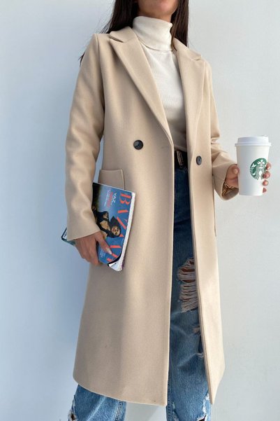 Bella Breeze Women's Bag Pocket Detailed Lined Double Button Stamp Coat
