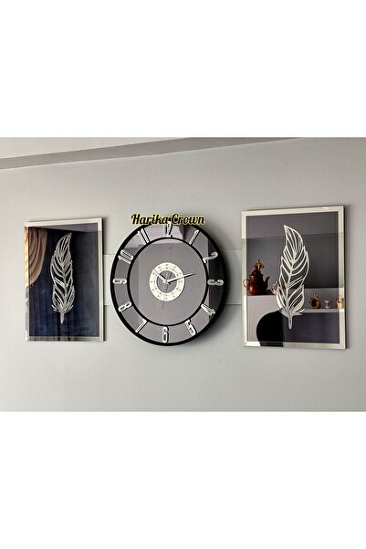 Genel Markalar Modern Aynalı Model 2 Li Tüy Tablo Ve Saat Seti 40 40 x 40 Gümüş