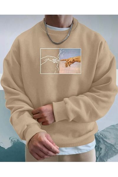 NewCabin Φούτερ Michelangelo με 3 κλωστές Cotton Lightning - Printed Oversize Raised Crew Neck
