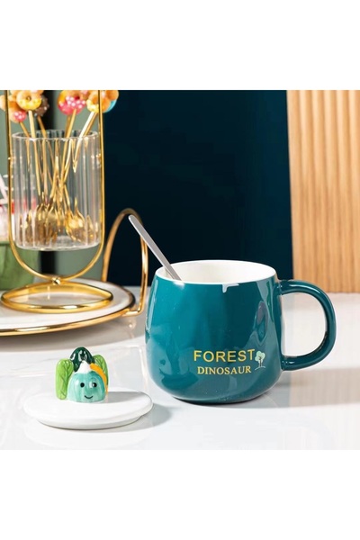 hediyeconcepti 450ml Sevimli Karikatür Seramik Kapaklı Kaşıklı Dinazor Isıya Dayanıklı Kupa Bardak