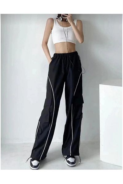 DEEFWEAR Y2k Μαύρο Cargo Παντελόνι Αλεξίπτωτο Φούτερ