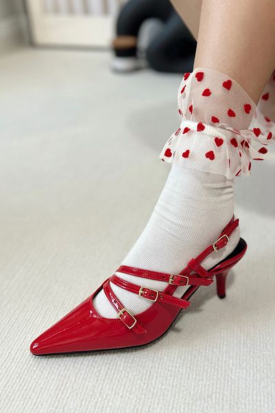POLKA STORE Obsession Triple Pointed Toe Three-Striped Buckle Red Patent Leather Heeled Women's Shoes