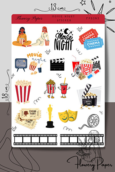Flowery Paper Movie Night Sticker Sayfası - Defter ,Ajanda , Journal,Scrapboo...