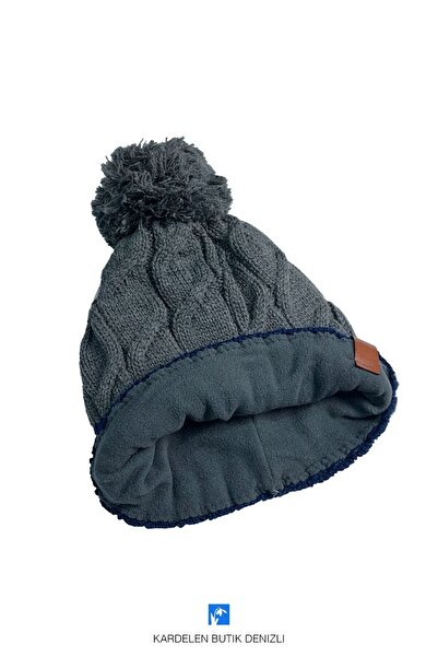 Kardelen Butik Denizli Children's Pompom Beret with Fleece Inside and Miflon (Age 5-9)