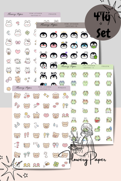 Flowery Paper Mini Sticker 4'lü Sticker Sayfası Model 3- Defter ,ajanda , Jou...