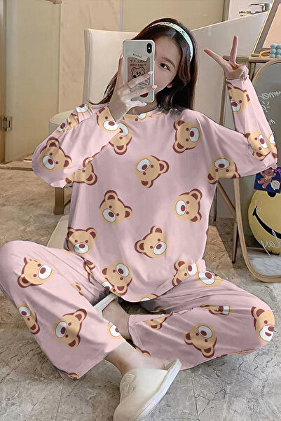 PEMBİŞ HOMEWEAR Long Sleeve Pajama Set BearPink SuperSoft Basic Suprem