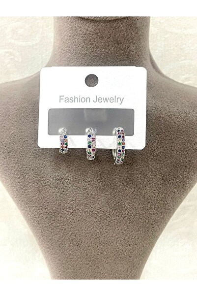 FASHİONMARK 3'lü Gümüş Kaplama Renkli Zirkon Taşlı Küpe