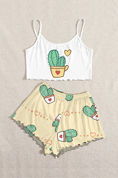 PEMBİŞ HOMEWEAR Askılı Şort Pijama Takımı LovelyCactus Basic Süprem