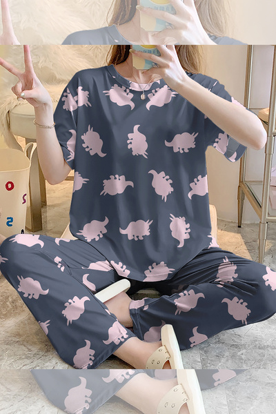 PEMBİŞ HOMEWEAR Short Sleeve Pajamas Set Dinosnore Supersoft Basic Single Jersey