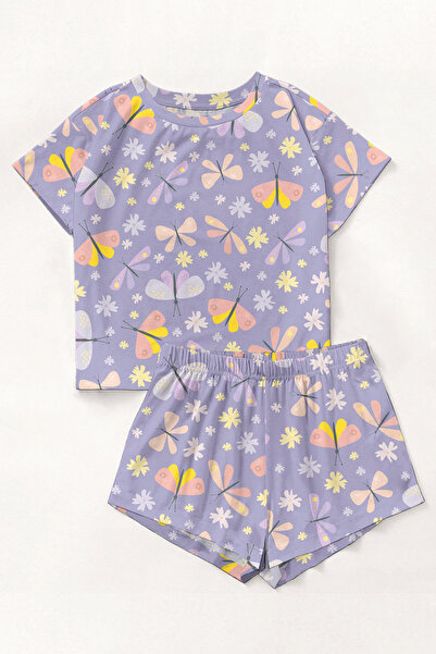 PEMBİŞ HOMEWEAR Short Sleeve Shorts Pajama Set Butterfly Supersoft Basic Sing...