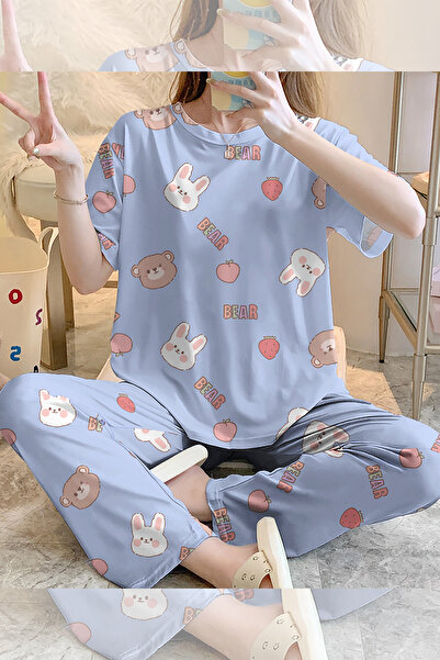 PEMBİŞ HOMEWEAR Short Sleeve Pajama Set BearBlue Supersoft Basic Single Jersey