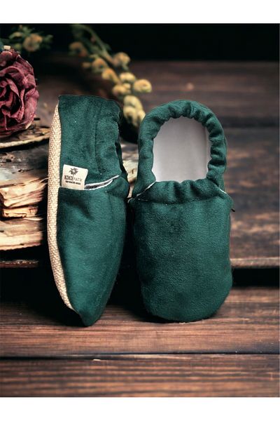 Kokopatik ,Non-Slip Sole,Organic Cotton Home Nursery Booties,Green Velvet Booties