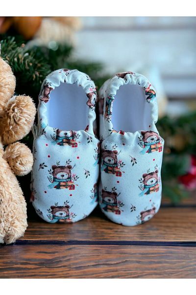 Kokopatik ,Non-Slip Sole,Organic Cotton Home Nursery Booties,Floral Winter Bear Patterned Booties