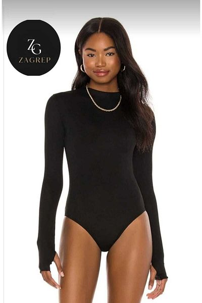 Zagrep Women's Black Crew Neck Finger-Snap Silk Jersey Bodysuit