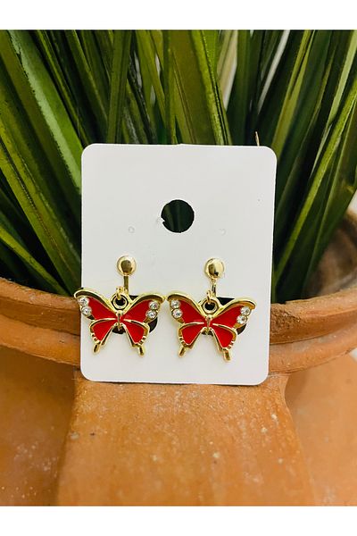 1PARÇAMAVİ Rhinestone Butterfly Pinching Clip Children's - Adult Earrings - Perforation-free Earrings