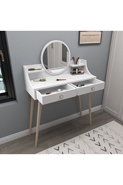 ARNETTİ Makyaj Masası Aynalı Makyaj Masası Ahşap Ayaklı Renk Beyaz - Roys