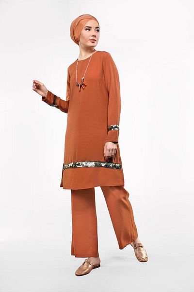 TRENDTESETTÜR Women's Orange (ORANGE) Sequined 2-Piece Trousers Suit 8547
