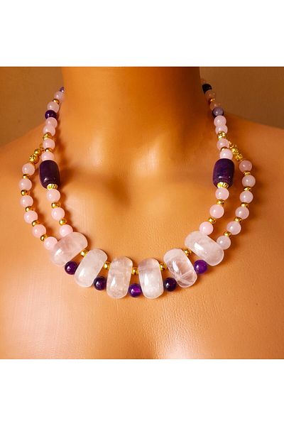 Asteria Elite Premium series Pink Quartz Agate 2 Rows Special Design Necklace Bracelet Set