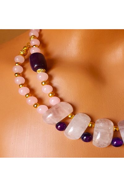 Asteria Elite Premium series Pink Quartz Agate 2 Rows Special Design Necklace Bracelet Set