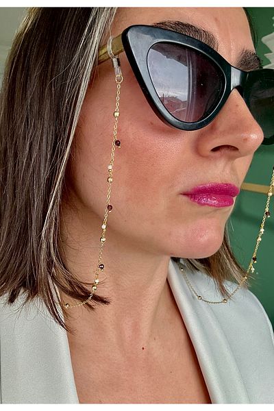 Natural Jewelleryy Women's Shimmering Thin Chain Pearl and Garnet Natural Stone Glasses Chain and Shahmeran Set