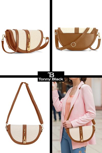 Tonny Black Original Cross Strap Tan Cream Contrast Design Stylish Minimal Hand and Shoulder Bag with Lock Accessory