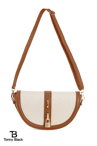 Tonny Black Original Cross Strap Tan Cream Contrast Design Stylish Minimal Hand and Shoulder Bag with Lock Accessory