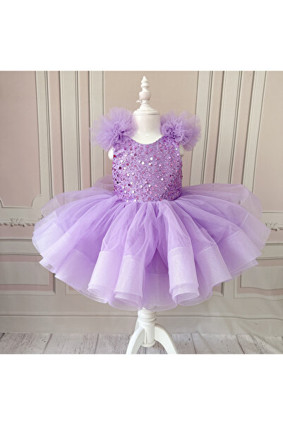 İlknur Karaca Design Rochie de ziua speciala fetita cu margele de culoare liliac