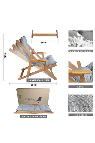 Bysay AHŞAP KATLANABİLİR PUF MİNDERLİ KOLLU ŞEZLONG PLAJ BALKON BAHÇE TAKIMI 4 LÜ SET (GRİ)