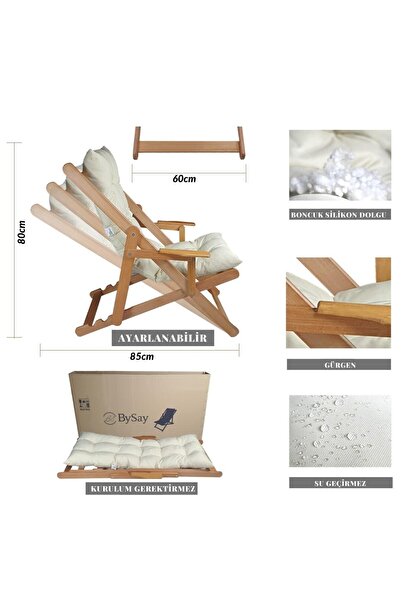 Bysay AHŞAP KATLANABİLİR PUF MİNDERLİ KOLLU ŞEZLONG PLAJ BALKON BAHÇE TAKIMI 4 LÜ SET (KREM)