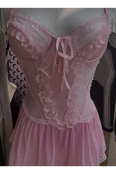ARDSU Body de damă rochie mini cu dantelă roz și bretele cu volane