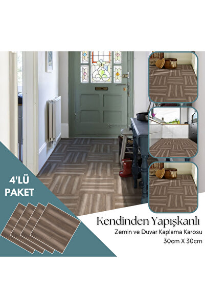 TechnoSmart 4 Adet 30cm×30cm Kendinden Yapışkanlı LVT Zemin Duvar Kaplama Mutfak Banyo Karo Sticker