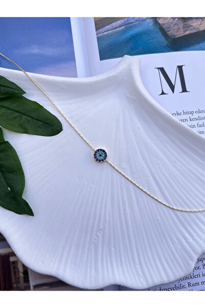 Women's Gold Plated Evil Eye Beads Detailed Round Model Zircon Gemstone Necklace