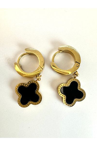 Rhea AK Basic Gold/Black Dangle Clover Steel Earrings