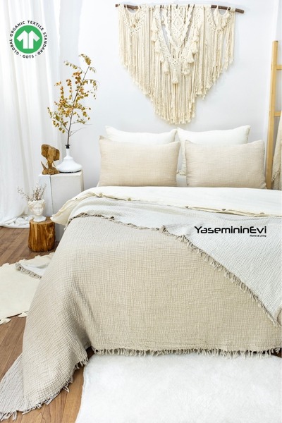 YASEMİNİNEVİ King Size Mink Muslin Bedspread / Pike Set with 2 Pillowcases