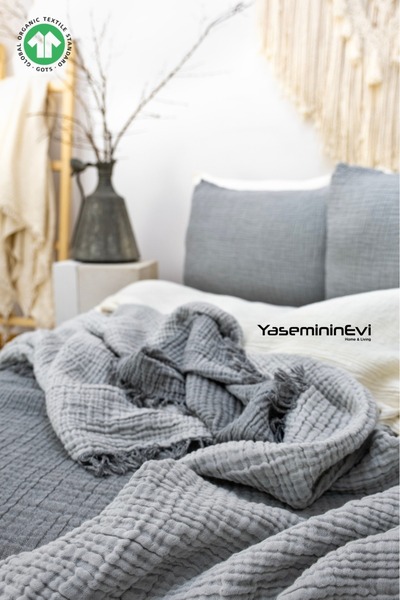 YASEMİNİNEVİ Διπλό Ανθρακί - Γκρι Χρώμα Μουσελίνα 4 στρώσεων/2 Μαξιλαροθήκες