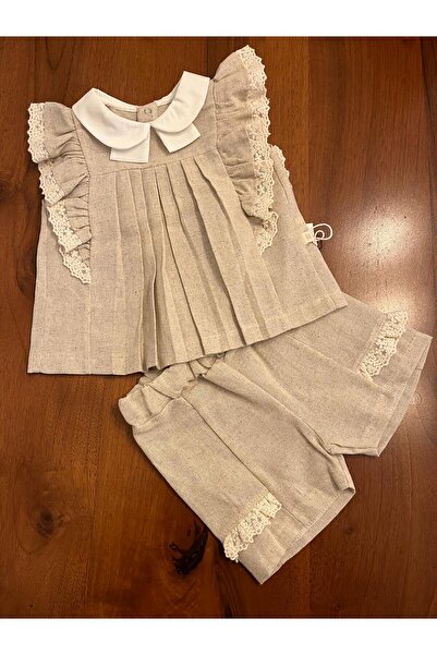 PARK BEBE Baby girl linen shorts blouse bottom top suit bebe collar pleated detail ruffle sleeve