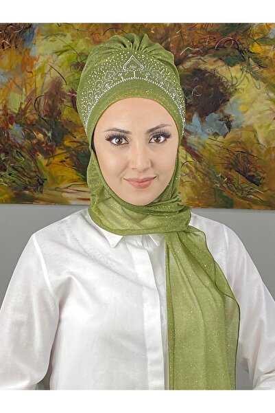 BUTİKAMBAR Vintage Model Taşlı Abiye Atkılı Bone Şal -Açık Yağ Yeşili- BUTİK AMBAR