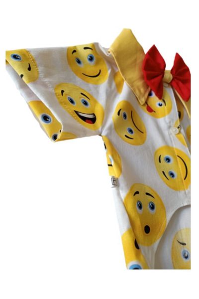 Gobo Emoji Patterned White Cat Dog Outfit Dress with Red Bow Tie