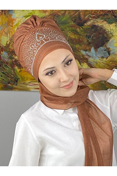 BUTİKAMBAR Vintage Model Taşlı Abiye Atkılı Bone Şal - Bakır Renk - BUTİK AMBAR