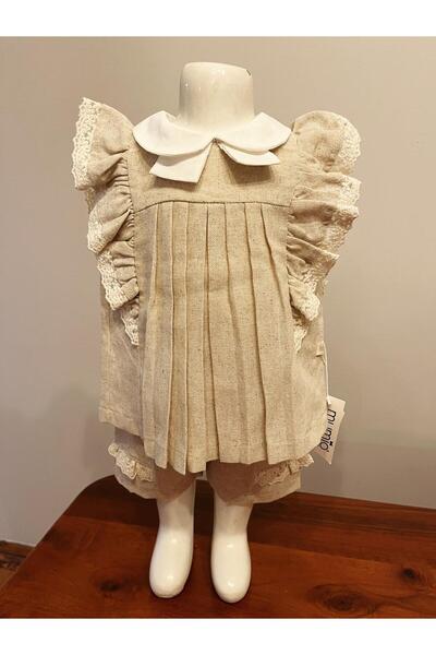 PARK BEBE Baby girl linen shorts blouse bottom top suit bebe collar pleated detail ruffle sleeve