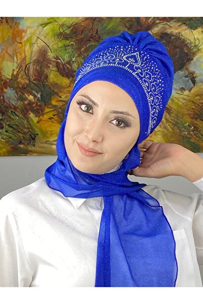 BUTİKAMBAR Vintage Model Taşlı Abiye Atkılı Bone Şal - Saks Mavisi - BUTİK AMBAR