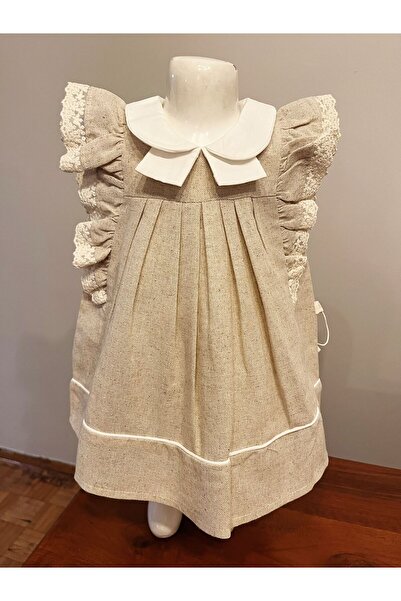 PARK BEBE Kız bebek keten elbise yaka detaylı natürel kumaş %100 pamuk dantel...