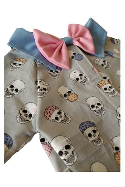 Gobo Skull Patterned Gray Cat Dog Outfit Dress with Bow Tie
